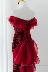 Wine Red Sequins Mermaid Long Party Dress, Off Shoulder Sweetheart Semi Formal Prom Dress