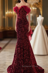 Wine Red Sequins Mermaid Long Party Dress, Off Shoulder Sweetheart Semi Formal Prom Dress