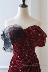 Wine Red Sequins Off Shoulder Long Party Dress, A-Line Sequins Semi Formal Prom Dress