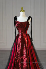 Wine Red Sequins With Black Tulle Straps Long Party Dress, Wine Red Sequins Semi Formal Prom Dress