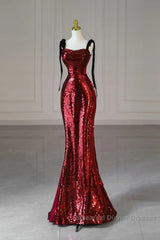 Wine Red Sequins With Black Tulle Straps Long Party Dress, Wine Red Sequins Semi Formal Prom Dress