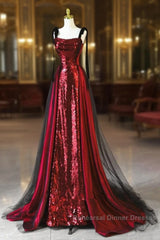 Wine Red Sequins With Black Tulle Straps Long Party Dress, Wine Red Sequins Semi Formal Prom Dress