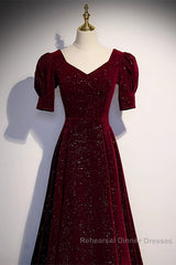Wine Red Short Sleeves Velvet Long Formal Dress, Wine Red Evening Dress Semi Formal Prom Dress