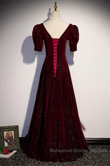 Wine Red Short Sleeves Velvet Long Formal Dress, Wine Red Evening Dress Semi Formal Prom Dress