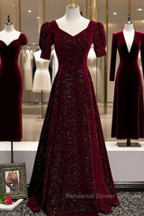 Wine Red Short Sleeves Velvet Long Formal Dress, Wine Red Evening Dress Semi Formal Prom Dress