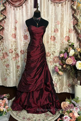 Wine Red Strapless Long Taffeta Sweet 16 Dress, Wine Red Sweetheart Semi Formal Prom Dress Formal Gown
