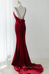 Wine Red Straps Low Back Mermaid Long Party Dress, Wine Red Evening Dress