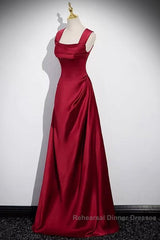 Wine Red Straps Satin Scoop Floor Length Semi Formal Prom Dress, Wine Red Long Evening Dress