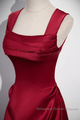Wine Red Straps Satin Scoop Floor Length Semi Formal Prom Dress, Wine Red Long Evening Dress