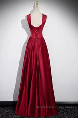 Wine Red Straps Satin Scoop Floor Length Semi Formal Prom Dress, Wine Red Long Evening Dress