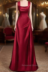 Wine Red Straps Satin Scoop Floor Length Semi Formal Prom Dress, Wine Red Long Evening Dress