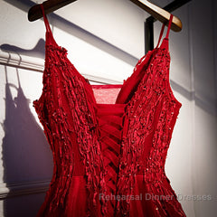 Wine Red Straps V-Neckline Lace Applique Long Semi Formal Prom Dress, Dark Red Formal Dresses