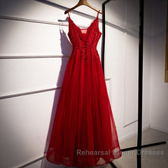 Wine Red Straps V-Neckline Lace Applique Long Semi Formal Prom Dress, Dark Red Formal Dresses
