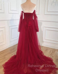 Wine Red Sweetheart Beaded Off Shoulder Party Dress, Wine Red Bridesmaid Dress