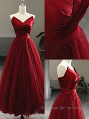 Wine Red Tea Length Tulle V-Neckline Semi Formal Prom Dress, Wine Red Tulle Party Dress