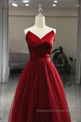 Wine Red Tea Length Tulle V-Neckline Semi Formal Prom Dress, Wine Red Tulle Party Dress
