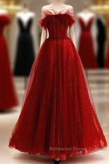 Wine Red Tull A-Line Scoop Long Semi Formal Prom Dress, Wine Red Tulle Evening Dress