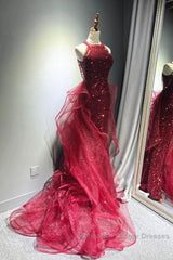 Wine Red Tulle And Sequins Halter Long Party Dress, Wine Red New Style Semi Formal Prom Dress