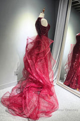 Wine Red Tulle And Sequins Halter Long Party Dress, Wine Red New Style Semi Formal Prom Dress