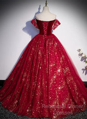 Wine Red Tulle Ball Gown Beaded Sweetheart Party Dress, Wine Red Semi Formal Prom Dress