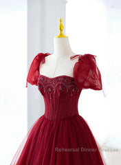 Wine Red Tulle Beaded Long Semi Formal Prom Dress, A-Line Sweetheart Formal Evening Dress