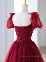 Wine Red Tulle Beaded Long Semi Formal Prom Dress, A-Line Sweetheart Formal Evening Dress