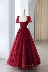Wine Red Tulle Beaded Long Semi Formal Prom Dress, A-Line Sweetheart Formal Evening Dress