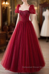 Wine Red Tulle Beaded Long Semi Formal Prom Dress, A-Line Sweetheart Formal Evening Dress