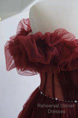 Wine Red Tulle Sequins Long Off Shoulder Party Dress, Wine Red Tulle Semi Formal Prom Dress