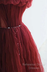 Wine Red Tulle Sequins Long Off Shoulder Party Dress, Wine Red Tulle Semi Formal Prom Dress