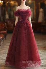 Wine Red Tulle Sequins Long Off Shoulder Party Dress, Wine Red Tulle Semi Formal Prom Dress