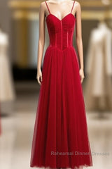 Wine Red Tulle Straps Long Sweetheart Party Dresses Formal Dresses, A-Line Dark Red Evening Dresses