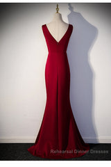 Wine Red V-Neckline Mermaid Long Party Dress With Leg Slit, Wine Red Semi Formal Prom Dress