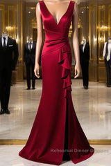Wine Red V-Neckline Mermaid Long Party Dress With Leg Slit, Wine Red Semi Formal Prom Dress