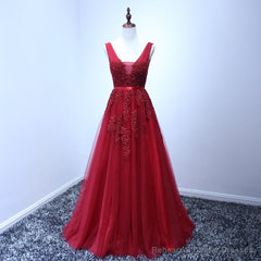 Wine Red V-neckline Tulle Long Prom Dress, Dark Red Floor Length Party Dress, Bridesmaid Dress