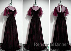 Wine Red Velvet A-Line Long High Neckline Party Dress, Wine Red Long Bridesmaid Dress