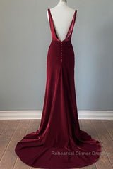Wine Red Velvet Backless Straps Semi Formal Prom Dress, Wine Red Velvet Party Dress