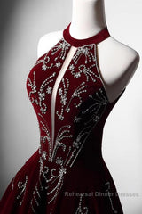 Wine Red Velvet Beaded Halter Long Formal Dress, A-Line Velvet Semi Formal Prom Dress