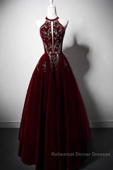 Wine Red Velvet Beaded Halter Long Formal Dress, A-Line Velvet Semi Formal Prom Dress