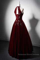 Wine Red Velvet Beaded Halter Long Formal Dress, A-Line Velvet Semi Formal Prom Dress