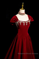 Wine Red Velvet Long Formal Dress With Beadings, Wine Red Semi Formal Prom Dress
