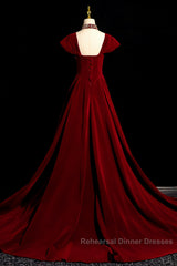 Wine Red Velvet Long Formal Dress With Beadings, Wine Red Semi Formal Prom Dress