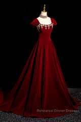 Wine Red Velvet Long Formal Dress With Beadings, Wine Red Semi Formal Prom Dress