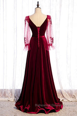 Wine Red Velvet Long Party Dress Semi Formal Prom Dress, A-Line Long Sleeves Formal Dresses