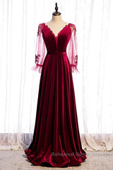 Wine Red Velvet Long Party Dress Semi Formal Prom Dress, A-Line Long Sleeves Formal Dresses