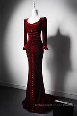 Wine Red Velvet Long Sleeves Mermaid Long Semi Formal Prom Dress, Wine Red Evening Dress