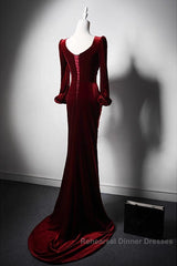 Wine Red Velvet Long Sleeves Mermaid Long Semi Formal Prom Dress, Wine Red Evening Dress