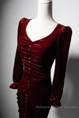 Wine Red Velvet Long Sleeves Mermaid Long Semi Formal Prom Dress, Wine Red Evening Dress