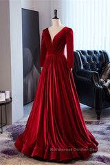 Wine Red Velvet Long Sleeves See Through Semi Formal Prom Dress, Wine Red Wedding Party Dress
