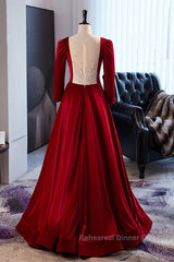 Wine Red Velvet Long Sleeves See Through Semi Formal Prom Dress, Wine Red Wedding Party Dress